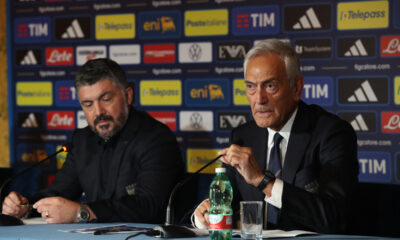 The selected image region shows the former President of the Italian Football Federation (FIGC), Gabriele Gravina, sitting alongside head coach Gennaro Gattuso during a national team press conference. Image used for Sportxparte news.
