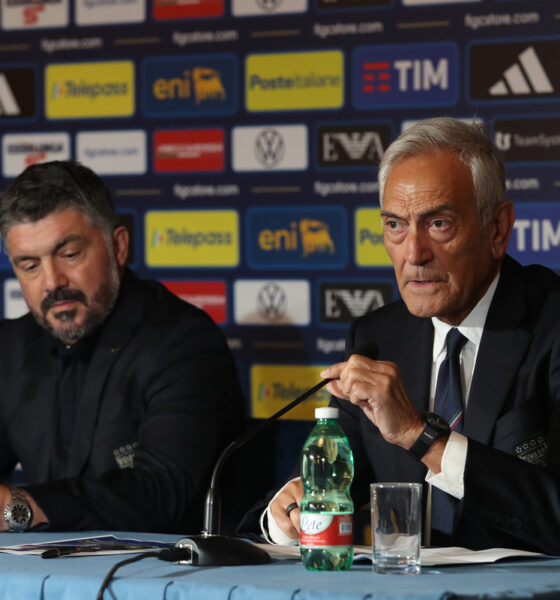 The selected image region shows the former President of the Italian Football Federation (FIGC), Gabriele Gravina, sitting alongside head coach Gennaro Gattuso during a national team press conference. Image used for Sportxparte news.