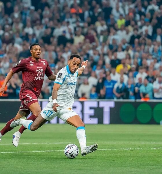 Pierre-Emerick Aubameyang of Olympique de Marseille is shown scoring the opening goal during a Ligue 1 match against FC Metz. This action took place on April 10, 2026, at the Orange Vélodrome in Marseille. Image used for Sportxparte news.
