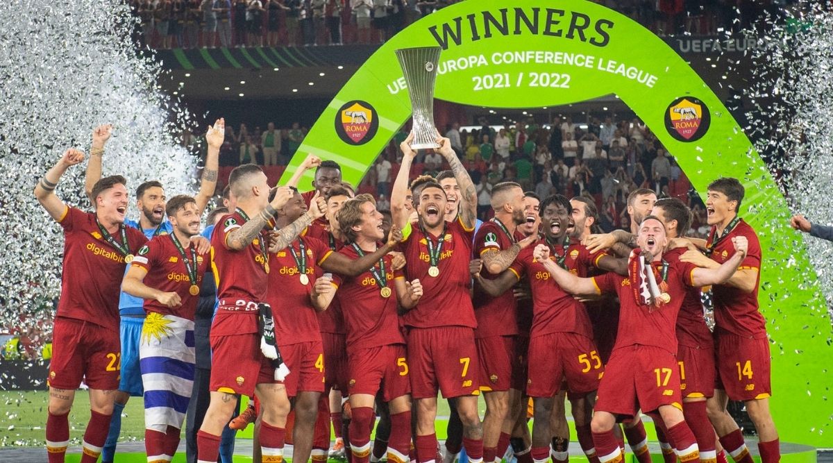 Italian football club AS Roma is celebrating their historic victory after winning the inaugural UEFA Europa Conference League title. Image used for Sportxparte news.
