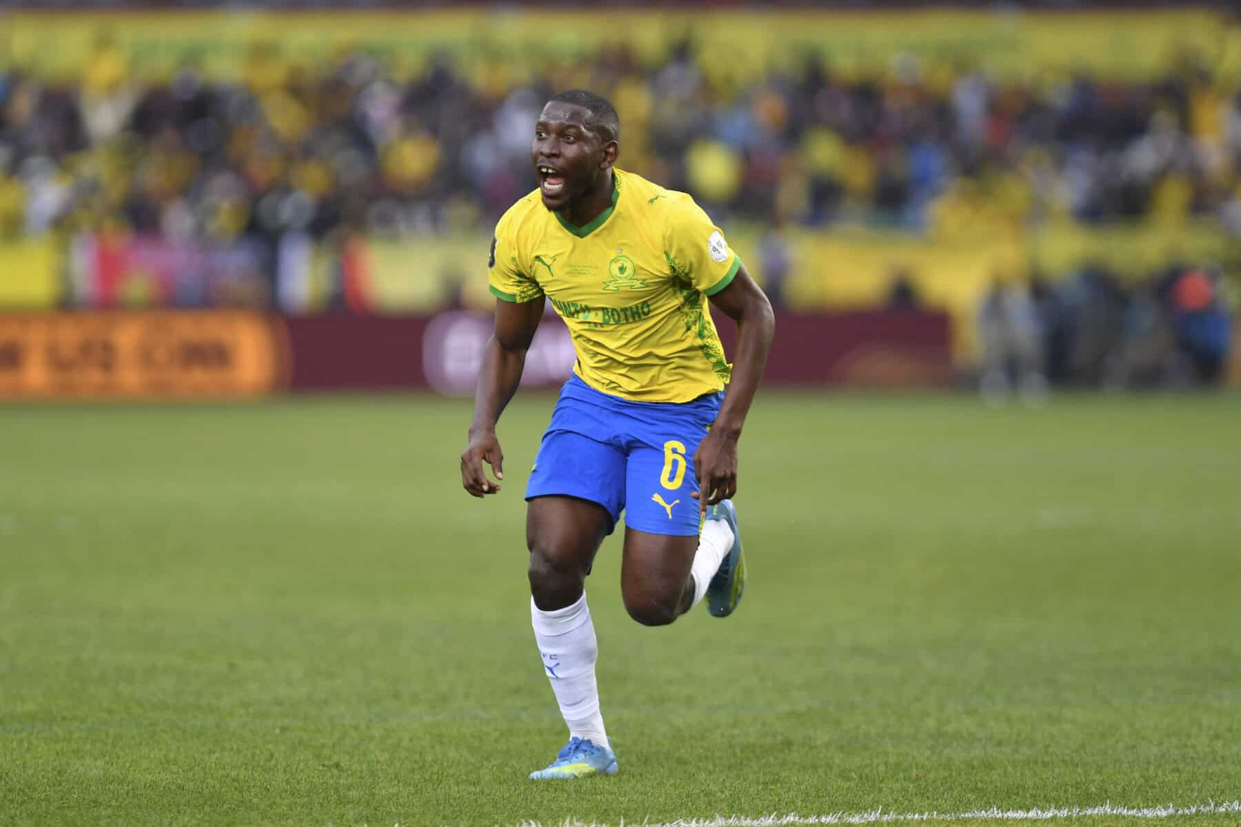 Aubrey Modiba of Mamelodi Sundowns celebrates a goal during the CAF Champions League 2025/26 - Final - 1st leg match between Mamelodi Sundowns and AS FAR at Loftus Versfeld Stadium, in Pretoria on 17 May 2026. Image used for Sportxparte news.
