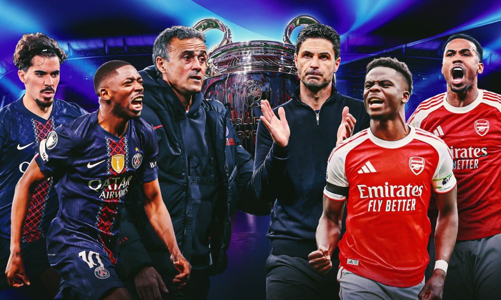 A promotional graphic for the 2026 UEFA Champions League Final featuring key figures from Paris Saint-Germain and Arsenal FC. The left side, representing PSG, shows players Vitinha and Ousmane Dembélé alongside manager Luis Enrique in dark blue kits. The right side, representing Arsenal, features manager Mikel Arteta and players Bukayo Saka and Gabriel Magalhães in classic red and white kits. Image used for Sportxparte news.