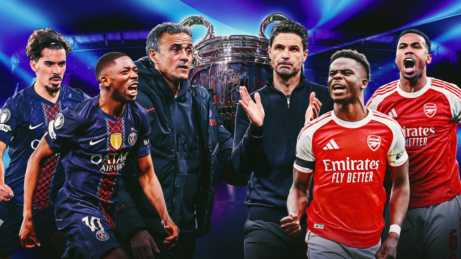 A promotional graphic for the 2026 UEFA Champions League Final featuring key figures from Paris Saint-Germain and Arsenal FC. The left side, representing PSG, shows players Vitinha and Ousmane Dembélé alongside manager Luis Enrique in dark blue kits. The right side, representing Arsenal, features manager Mikel Arteta and players Bukayo Saka and Gabriel Magalhães in classic red and white kits. Image used for Sportxparte news.