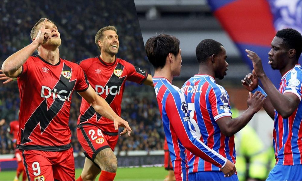 The provided graphic showcases a matchup between the Spanish club Rayo Vallecano (left) and the English Premier League side Crystal Palace F.C. (right) ahead of the 2026 UEFA Conference League final. Image used for Sportxparte news.