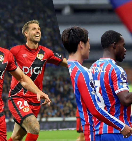 The provided graphic showcases a matchup between the Spanish club Rayo Vallecano (left) and the English Premier League side Crystal Palace F.C. (right) ahead of the 2026 UEFA Conference League final. Image used for Sportxparte news.