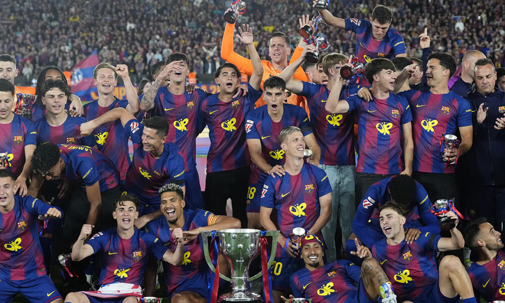 FC Barcelona players celebrate after securing the 2025/2026 La Liga title by defeating Real Madrid 2-0 at the Spotify Camp Nou on May 10, 2026. Image used for Sportxparte news roundup.