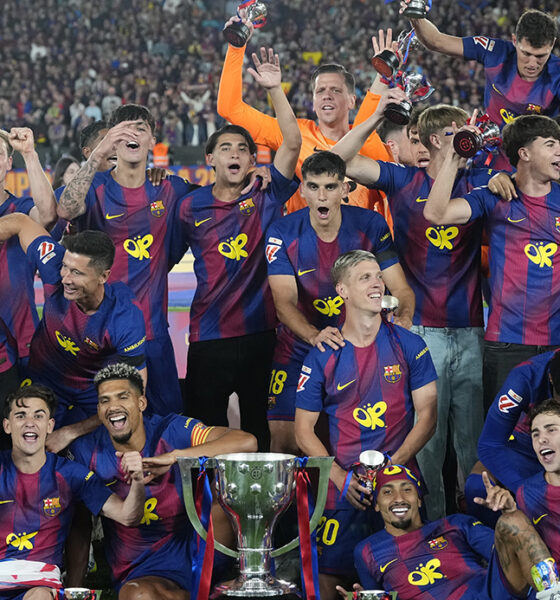 FC Barcelona players celebrate after securing the 2025/2026 La Liga title by defeating Real Madrid 2-0 at the Spotify Camp Nou on May 10, 2026. Image used for Sportxparte news roundup.