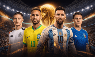 In the center stands Lionel Messi of Argentina, wearing the captain's armband on his blue and white striped shirt. To his left is Neymar Jr. of Brazil in a yellow jersey, and further left is Florian Wirtz of Germany in a white jersey. To Messi's right is Federico Chiesa of Italy wearing a blue jersey. The golden FIFA World Cup Trophy glows brightly in the background between Neymar and Messi, set against a crowded, illuminated stadium arena filled with an energetic, fiery atmosphere. Image user for Sportxparte news.