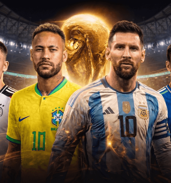 In the center stands Lionel Messi of Argentina, wearing the captain's armband on his blue and white striped shirt. To his left is Neymar Jr. of Brazil in a yellow jersey, and further left is Florian Wirtz of Germany in a white jersey. To Messi's right is Federico Chiesa of Italy wearing a blue jersey. The golden FIFA World Cup Trophy glows brightly in the background between Neymar and Messi, set against a crowded, illuminated stadium arena filled with an energetic, fiery atmosphere. Image user for Sportxparte news.