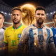 In the center stands Lionel Messi of Argentina, wearing the captain's armband on his blue and white striped shirt. To his left is Neymar Jr. of Brazil in a yellow jersey, and further left is Florian Wirtz of Germany in a white jersey. To Messi's right is Federico Chiesa of Italy wearing a blue jersey. The golden FIFA World Cup Trophy glows brightly in the background between Neymar and Messi, set against a crowded, illuminated stadium arena filled with an energetic, fiery atmosphere. Image user for Sportxparte news.