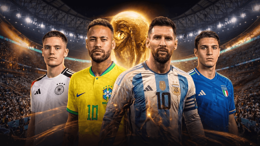 In the center stands Lionel Messi of Argentina, wearing the captain's armband on his blue and white striped shirt. To his left is Neymar Jr. of Brazil in a yellow jersey, and further left is Florian Wirtz of Germany in a white jersey. To Messi's right is Federico Chiesa of Italy wearing a blue jersey. The golden FIFA World Cup Trophy glows brightly in the background between Neymar and Messi, set against a crowded, illuminated stadium arena filled with an energetic, fiery atmosphere. Image user for Sportxparte news.