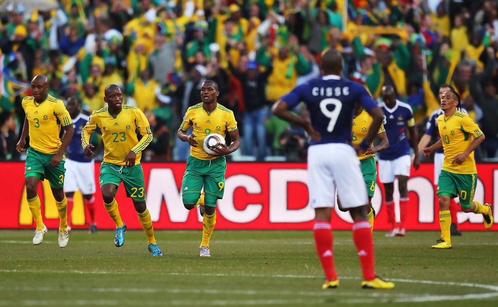 This image captures a historic moment during the 2010 FIFA World Cup, where South Africa's national team ("Bafana Bafana") played against France in Bloemfontein. Image used for Sportxparte news.