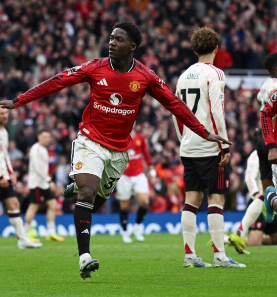 Kobbie Mainoo of Manchester United celebrates a decisive goal during a 3-2 victory over rivals Liverpool on May 3, 2026. This win at Old Trafford officially secured Manchester United’s qualification for the Champions League for the following season. Image used for Sportxparte news Roundup.