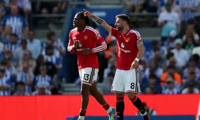 Manchester United players Patrick Dorgu (number 13) and Bruno Fernandes (number 8) celebrate a goal during their final-day Premier League match. Image used for Sportxparte news.
