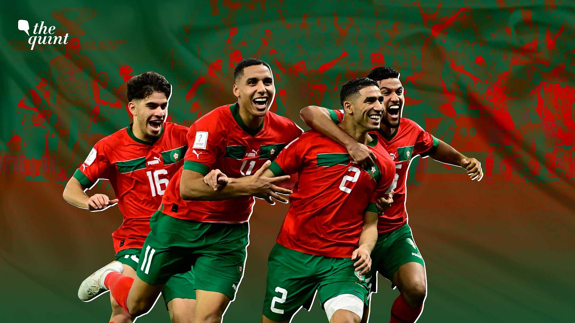 Morocco's national football team (the Atlas Lions) celebrating a historic moment during their historic run at the 2022 FIFA World Cup in Qatar. Visible from left to right are Abde Ezzalzouli (16), Abdelhamid Sabiri (11), Achraf Hakimi (2), and Youssef En-Nesyri (19). Image used for Sportxparte news.