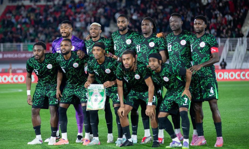 The Nigeria national football team (the Super Eagles) is posing for a team picture before their group stage match against Tunisia at the Fez Stadium. Image used for Sportxparte news.