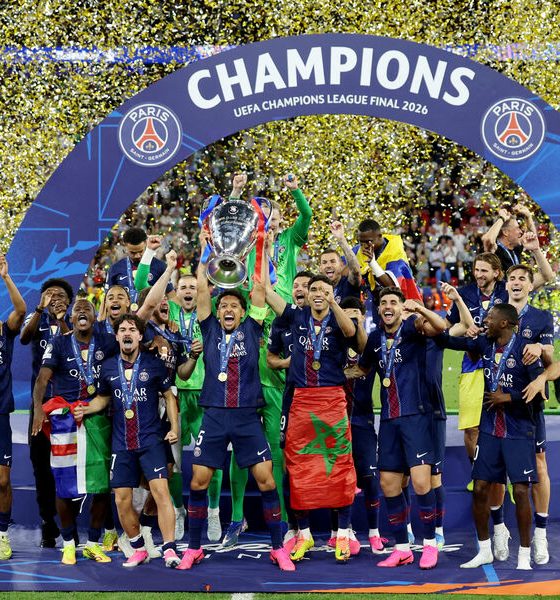 Paris Saint-Germain (PSG) players celebrate their victory in the 2026 UEFA Champions League final. Image used for Sportxparte news.