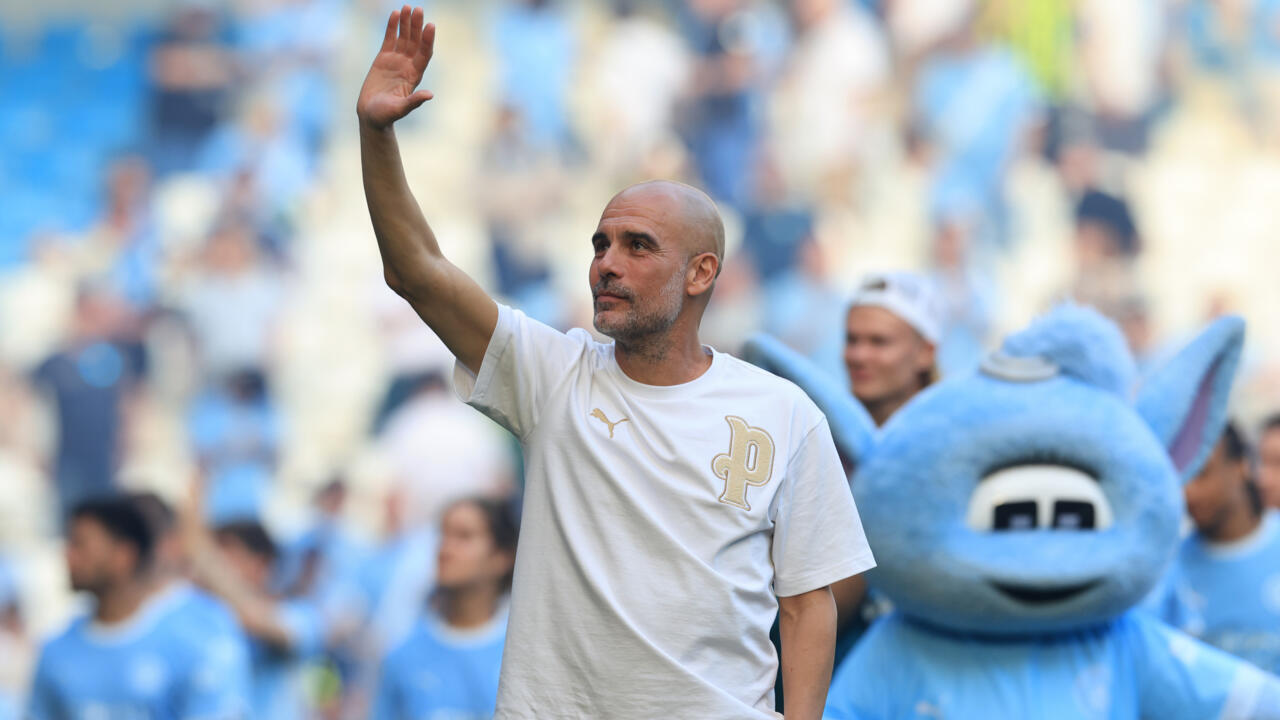 Legendary football manager Pep Guardiola waving goodbye to fans during his emotional farewell ceremony at Manchester City. Image used for Sportxparte news.