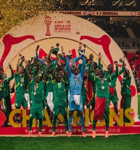 The Senegal national football team is celebrating after initially winning the 2025 Africa Cup of Nations final against host nation Morocco on January 18, 2026. Image used for Sportxparte news.