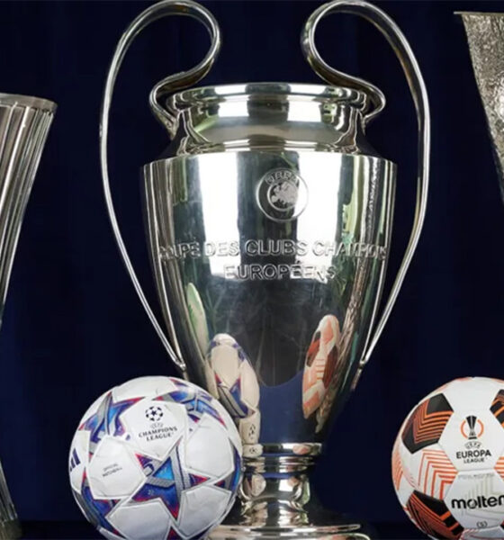 The trophies in the image are for the three major men's European club football competitions organized by UEFA: the UEFA Europa Conference League (left), the UEFA Champions League (center), and the UEFA Europa League (right). Image used for Sportxparte news.