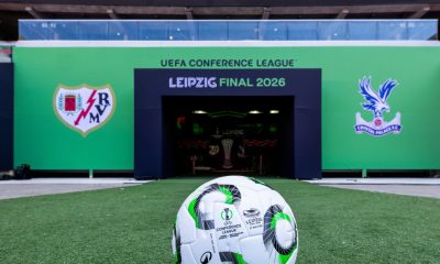 The official tunnel setup and match ball at the Red Bull Arena in Leipzig, Germany, are prepared for the upcoming 2026 UEFA Conference League final. The final features English club Crystal Palace F.C. and Spanish club Rayo Vallecano, with both teams making their first-ever appearance in a major European final. Image used for Sportxparte news.
