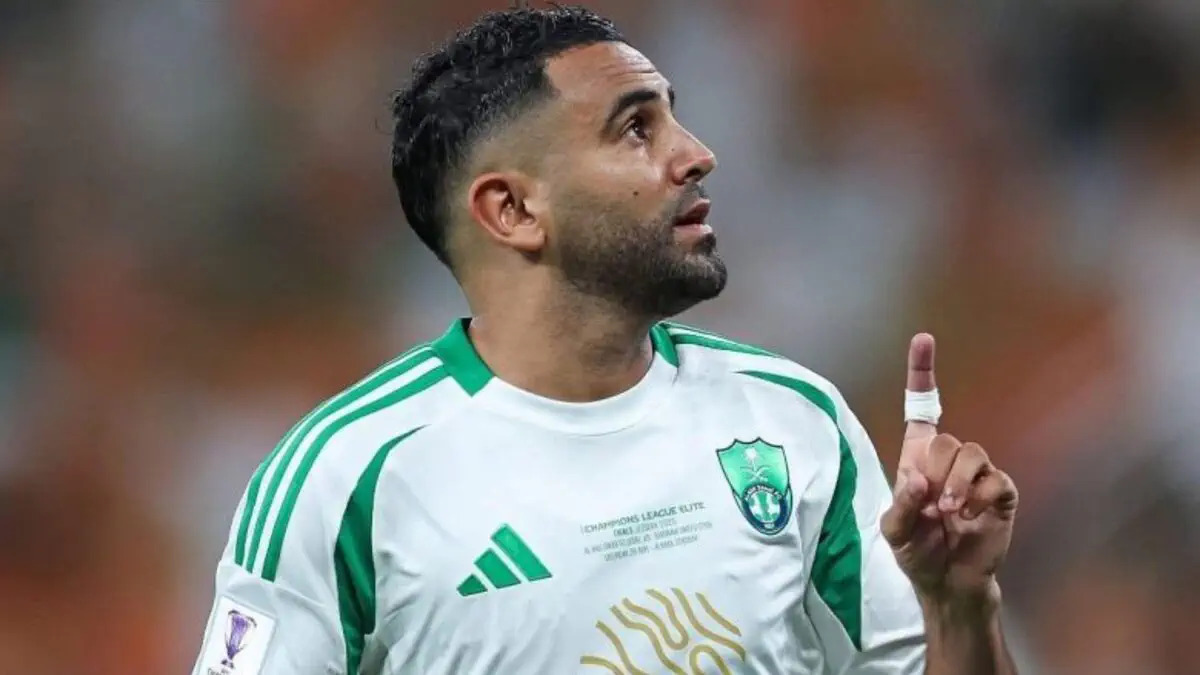 Algerian professional footballer Riyad Mahrez celebrates a goal while playing for the Saudi Pro League club Al-Ahli SFC. Image used for Sportxparte news. 