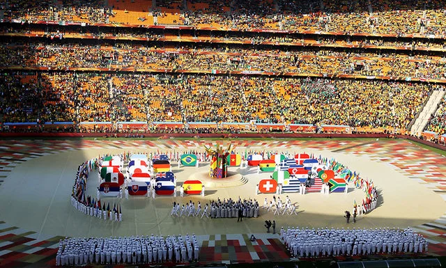 The opening ceremony of the 2010 FIFA World Cup, held on June 11, 2010, at Soccer City (now FNB Stadium) in Johannesburg, South Africa. Image used for Sportxparte news. 