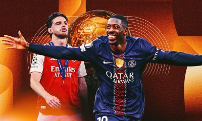The graphic features Ousmane Dembélé of Paris Saint-Germain and Declan Rice of Arsenal, depicting the updated landscape of the 2026 Ballon d'Or race following the UEFA Champions League final. Image used for Sportxparte news.