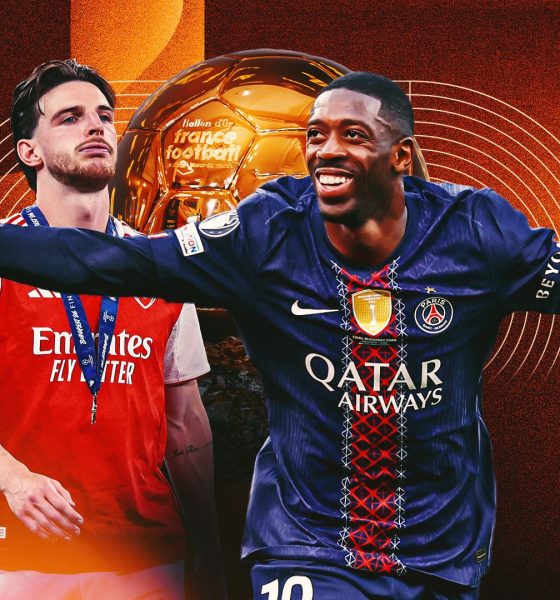 The graphic features Ousmane Dembélé of Paris Saint-Germain and Declan Rice of Arsenal, depicting the updated landscape of the 2026 Ballon d'Or race following the UEFA Champions League final. Image used for Sportxparte news.