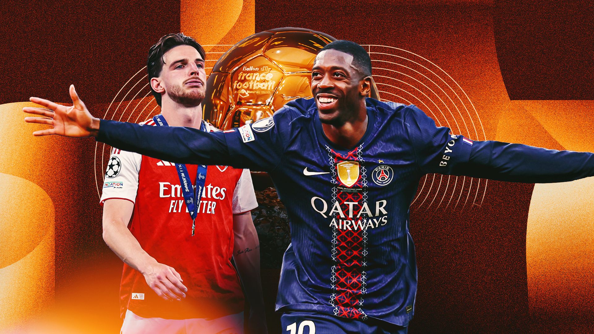 The graphic features Ousmane Dembélé of Paris Saint-Germain and Declan Rice of Arsenal, depicting the updated landscape of the 2026 Ballon d'Or race following the UEFA Champions League final. Image used for Sportxparte news.