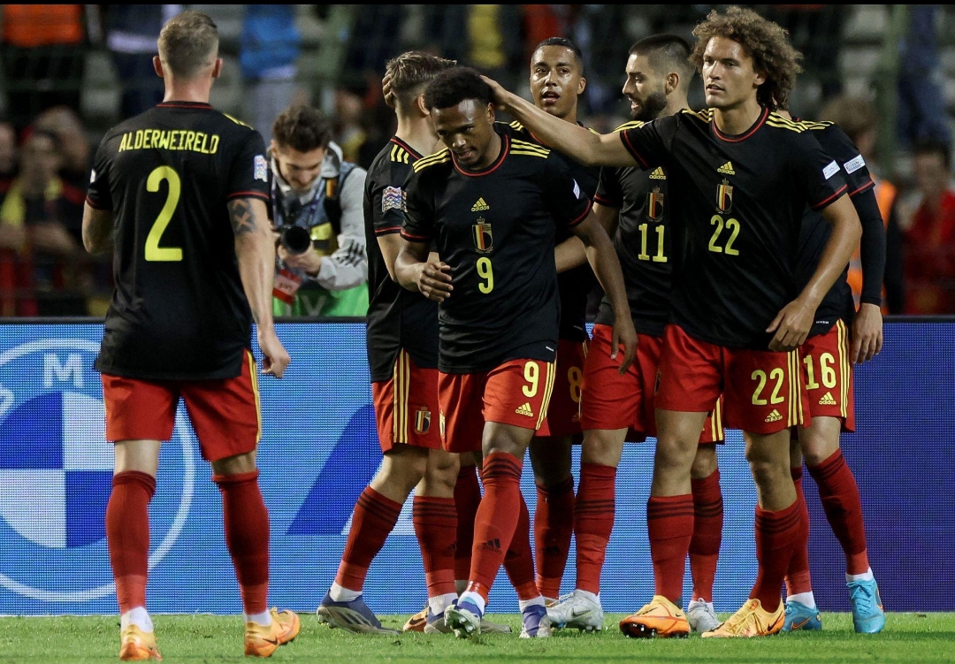 Belgium national football team celebrating a goal during their 6-1 victory over Poland in the UEFA Nations League. Image used for Sportxparte news. 