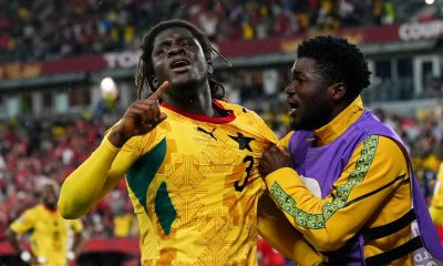 Caleb Yirenkyi is celebrating a dramatic stoppage-time winner that secured a 1-0 victory for Ghana against Panama in a 2026 World Cup group match. Image used for Sportxparte news.