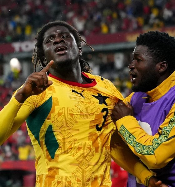 Caleb Yirenkyi is celebrating a dramatic stoppage-time winner that secured a 1-0 victory for Ghana against Panama in a 2026 World Cup group match. Image used for Sportxparte news.