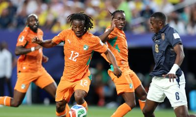 Ivory Coast national football team forward Elye Wahi (wearing number 12) during their 1–0 World Cup group stage opening match victory against Ecuador. Image used for Sportxparte news.