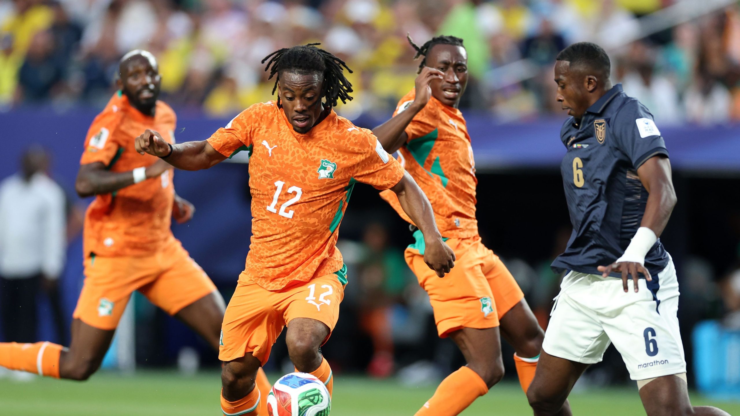 Ivory Coast national football team forward Elye Wahi (wearing number 12) during their 1–0 World Cup group stage opening match victory against Ecuador. Image used for Sportxparte news.