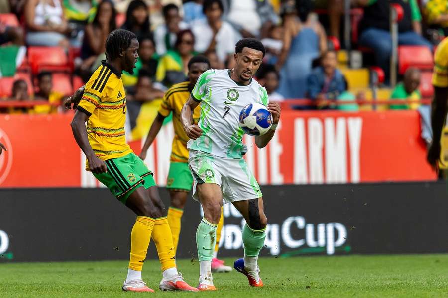Femi Azeez playing for the Nigeria national football team against Jamaica in the 2026 Unity Cup final match at The Valley Stadium. Image used for Sportxparte news.