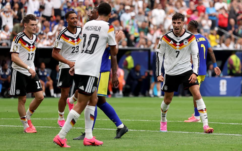 Germany national football team is celebrating a goal during their dominant 7-1 victory against Curaçao in their opening match of the 2026 FIFA World Cup. The match took place on June 14, 2026, at Houston Stadium. Image used for Sportxparte news.