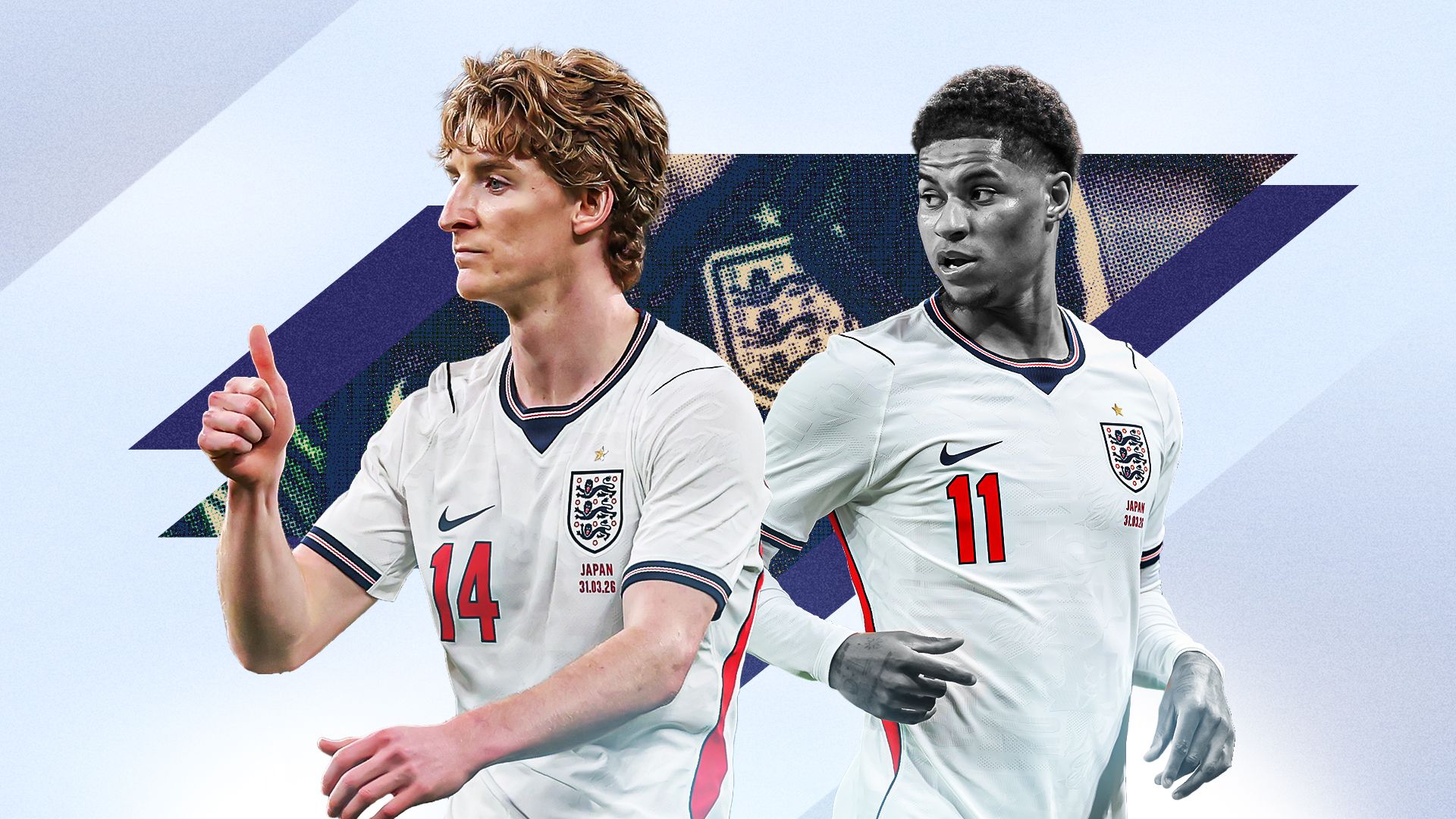 England national football team players Anthony Gordon (left, wearing #14) and Marcus Rashford (right, wearing #11). Image used for Sportxparte news.
