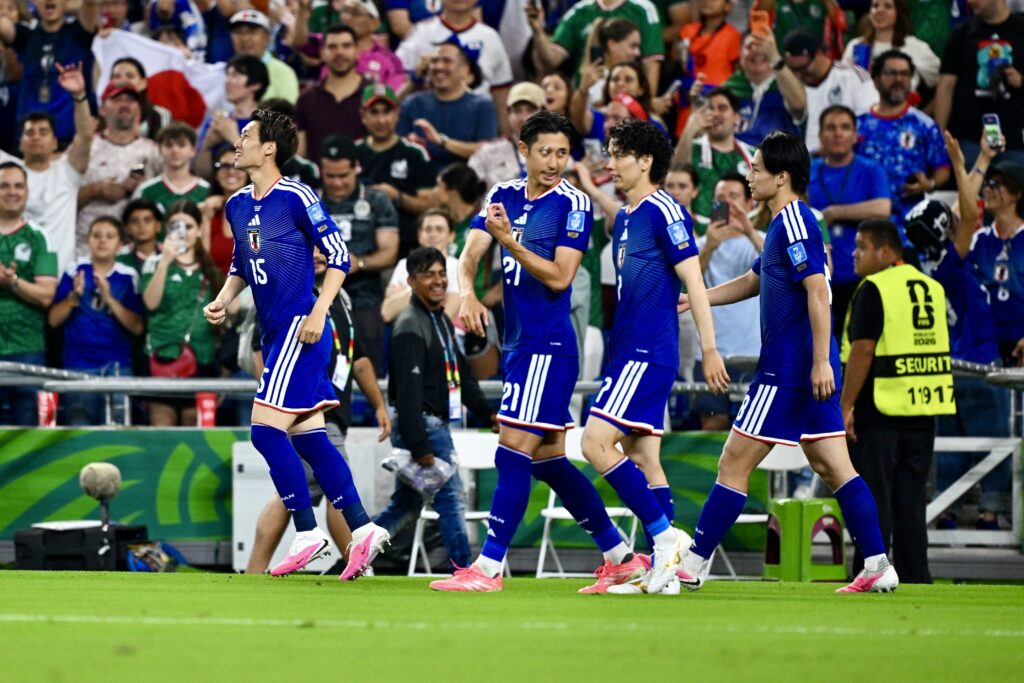 Japan national football team is celebrating a goal during their 4–0 victory against Tunisia in Group F of the FIFA World Cup 2026. Image used for Sportxparte news.