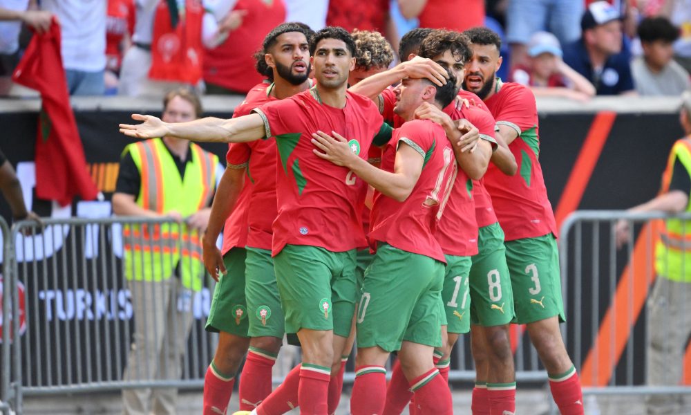 Morocco national football team is celebrating Brahim Díaz's goal during their international friendly match against Norway. Image used for Sportxparte news.