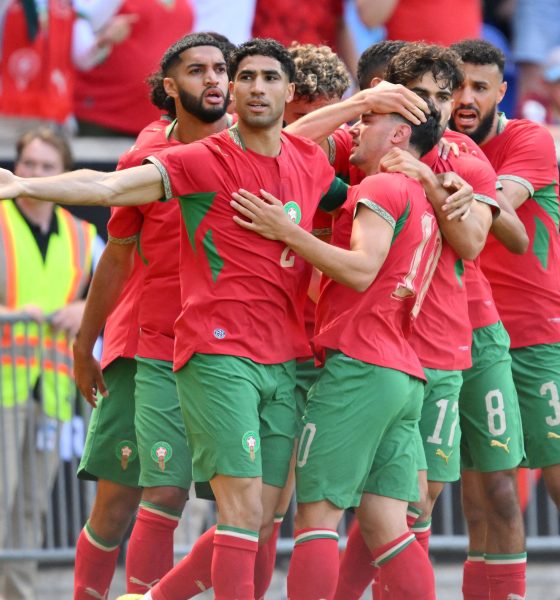 Morocco national football team is celebrating Brahim Díaz's goal during their international friendly match against Norway. Image used for Sportxparte news.
