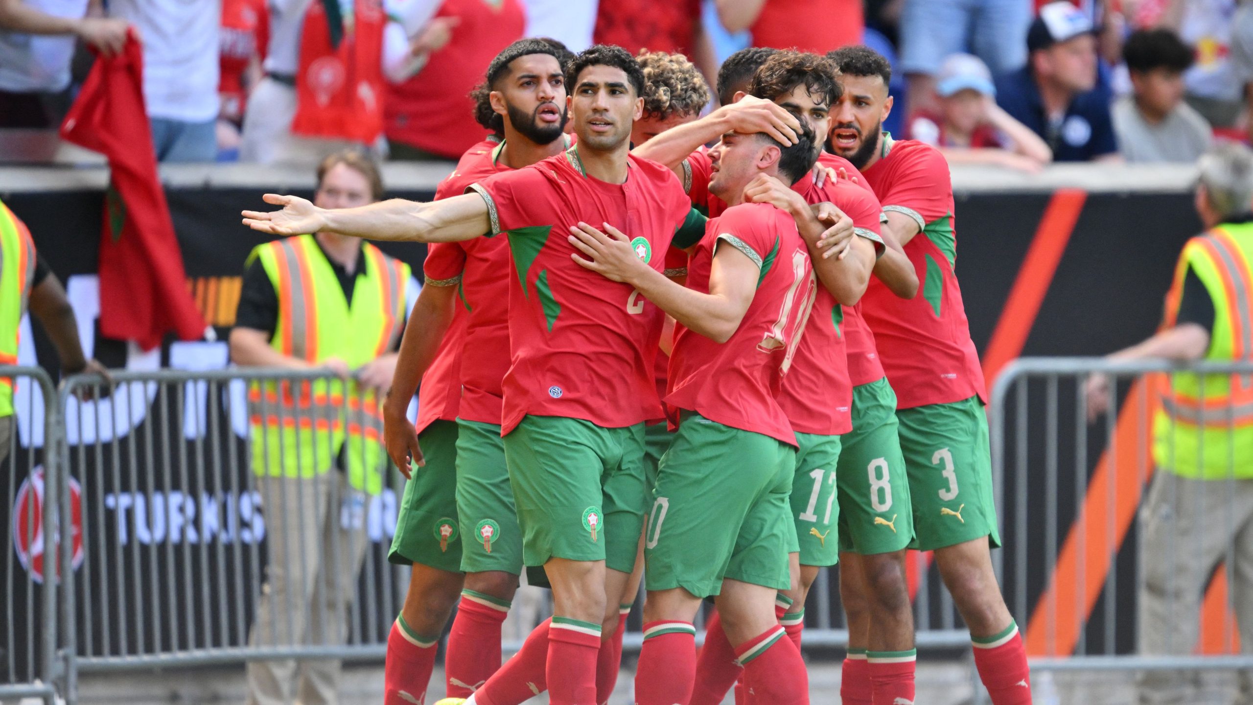 Morocco national football team is celebrating Brahim Díaz's goal during their international friendly match against Norway. Image used for Sportxparte news.