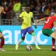 Vinícius Júnior, wearing the number 11 yellow jersey for Brazil, is captured here during an international friendly against Morocco. The match took place on March 25, 2023, at the Ibn Batouta Stadium in Tangier, Morocco. Image used for Sportxparte news.