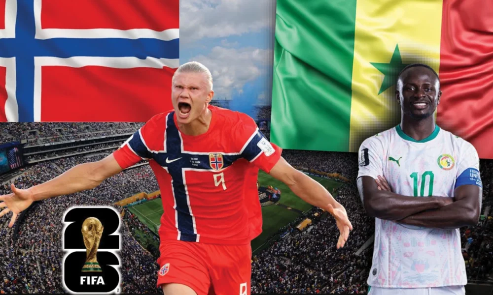 Promotional poster featuring Norwegian footballer Erling Haaland and Senegalese footballer Sadio Mané, representing their respective national teams with their flags. Image used for Sportxparte news.