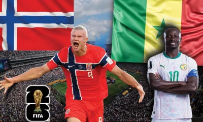 Promotional poster featuring Norwegian footballer Erling Haaland and Senegalese footballer Sadio Mané, representing their respective national teams with their flags. Image used for Sportxparte news.