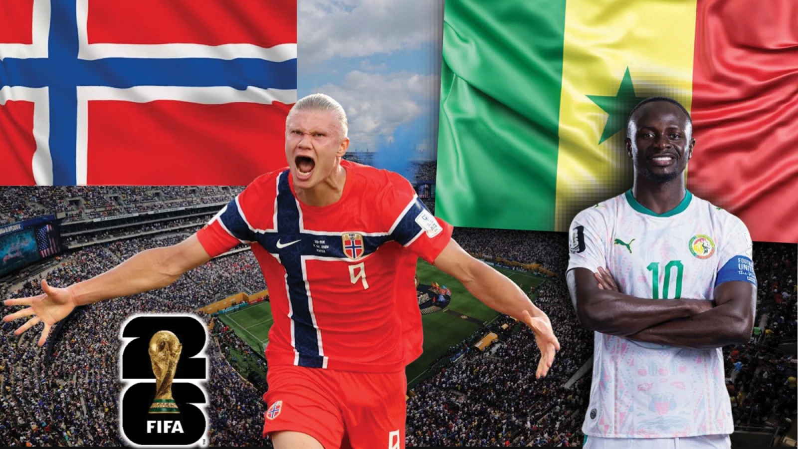 Promotional poster featuring Norwegian footballer Erling Haaland and Senegalese footballer Sadio Mané, representing their respective national teams with their flags. Image used for Sportxparte news.