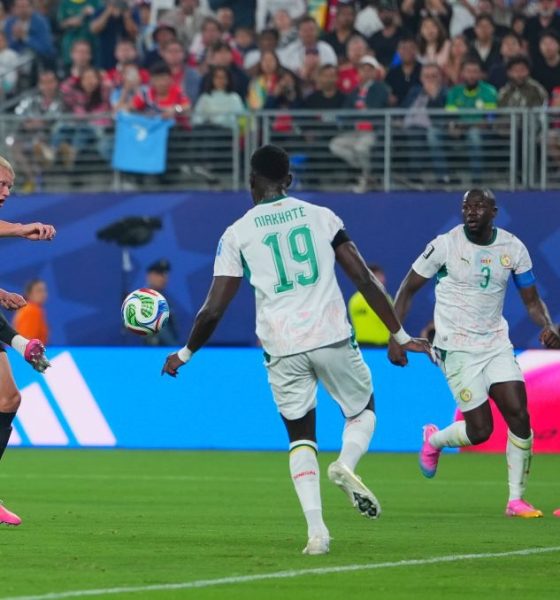 Norway’s Erling Haaland shoots and scores a goal past Senegal defenders Moussa Niakhaté and Kalidou Koulibaly during a 2026 World Cup Group I match. Image used for Sportxparte news.