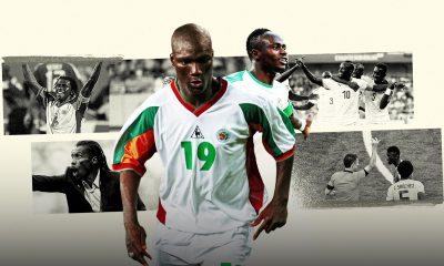 A collage of the Senegal national football team featuring a color photo of Papa Bouba Diop wearing a white, green, and red number 19 jersey in the foreground, with Sadio Mané behind him, surrounded by black-and-white images of legendary moments including former manager Aliou Cissé. Image used for Sportxparte news.