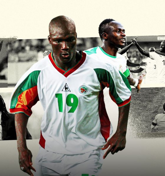A collage of the Senegal national football team featuring a color photo of Papa Bouba Diop wearing a white, green, and red number 19 jersey in the foreground, with Sadio Mané behind him, surrounded by black-and-white images of legendary moments including former manager Aliou Cissé. Image used for Sportxparte news.