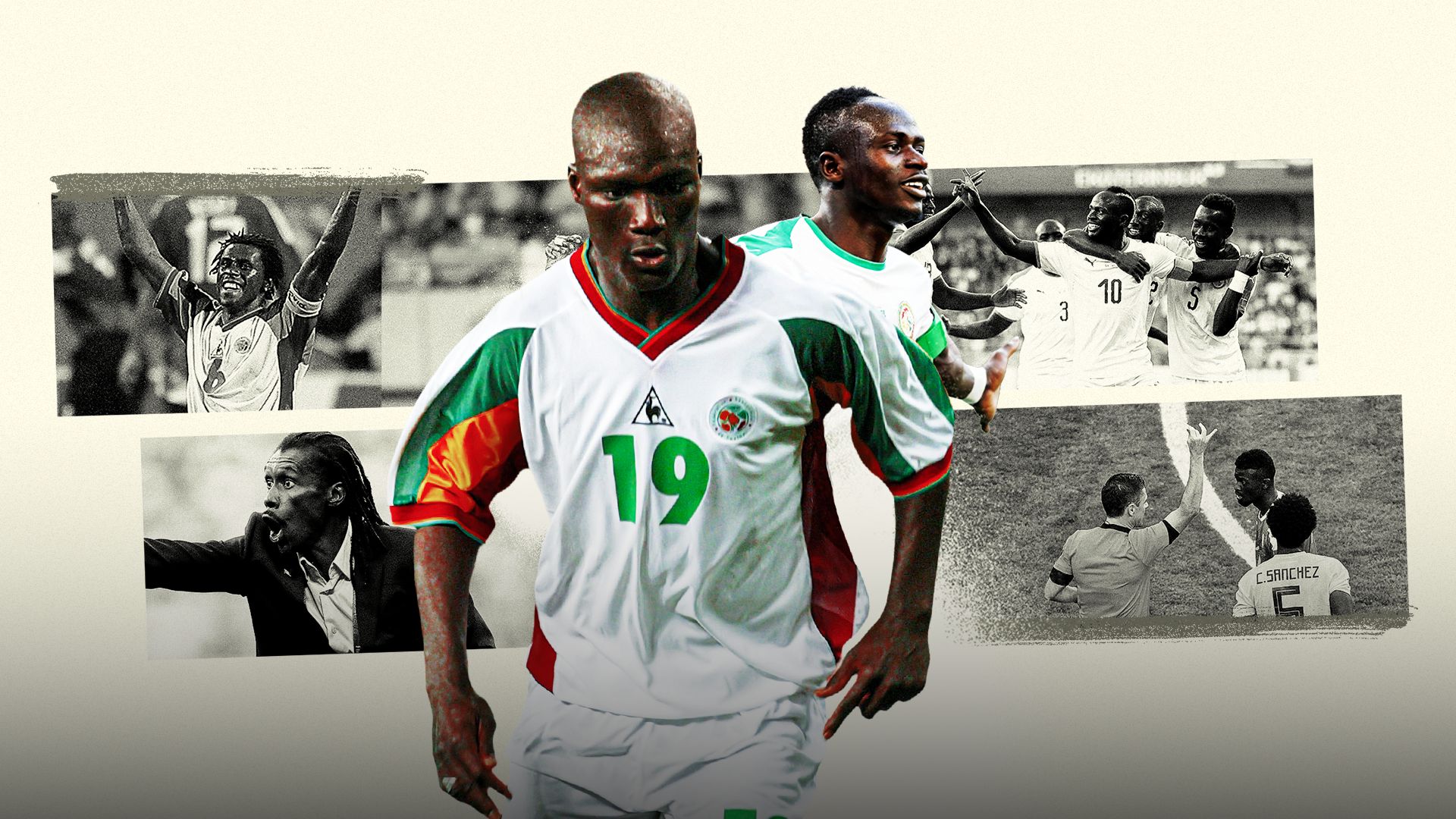 A collage of the Senegal national football team featuring a color photo of Papa Bouba Diop wearing a white, green, and red number 19 jersey in the foreground, with Sadio Mané behind him, surrounded by black-and-white images of legendary moments including former manager Aliou Cissé. Image used for Sportxparte news.